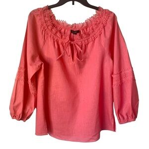 𝅺LE GALI LINEN COTTON  Pink Coral Popover Peasant Lacy Top Medium NEW